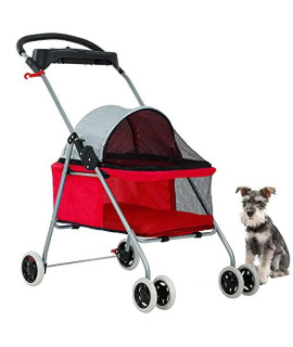 HGS Pet Cat Dog Stroller 4 Wheels Jogger Puppy Travel Carrier Portable Doggie Cage Strolling Cart with Cup Holders, 35Lbs Capacity Folding Waterproof Strolling Cart for Medium Dogs Cats Pet, Red