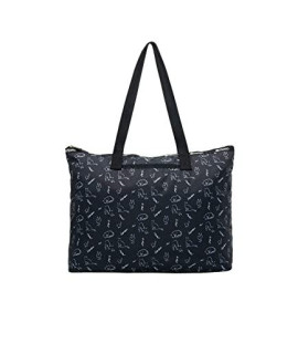 LeSportsac Cat & Finch Basic East/West Tote Bag, Style 3521/Color E425, Adorable Cats/Kittens & Finch Birds Play Harmoniously, Whimsical Words: LeChat, Oui & Miow, Classic Black Bag, Laptop Pocket