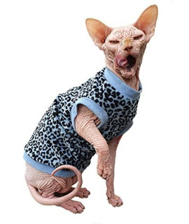 Kotomoda Hairless Cat's Cotton Stretch T-Shirt Blue Leopard Organic Velour for Sphynx Cat (Medium)