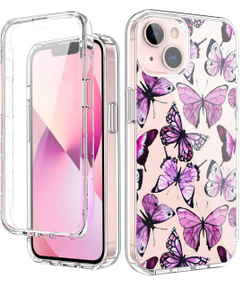 YiYiYaYa for iPhone 13 case with Built in Screen Protector, clear Floral Pattern for girls Women, Full Body Shockproof case for iPhone 13 61 inch 2021 - Purple Butterflies