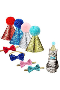 christmas Pet Party Jazz Hat and Blingbling Bow Tie Breakaway collar Set, Adjustable Headband for Kitten Puppy Small Dogs cats (4Rd-Blu-Pk-LB)