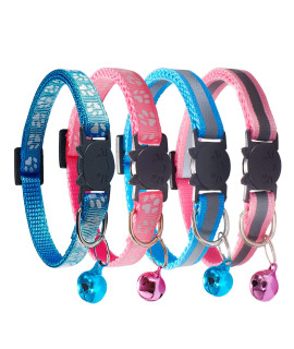 D-BUY Cat Collars, Cat Collars with Bell, Breakaway Cat Collars, Reflective Cat Collars, Nylon Cat Collars with Bell, Collars for Cats, Collars for Puppies (2 Pink + 2 Sky Blue)
