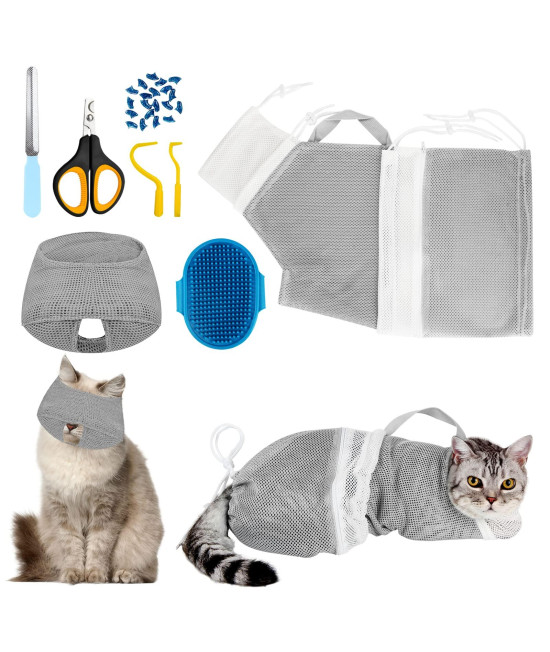 Cat Bathing Bag Set 8 PCS with Cat Shower Net Bag Breathable Mesh Cat Muzzle Adjustable Pet Grooming Brush Nail Clipper Nail File Tick Tool Nail Cap for Cat Nail Trimming Washing Restraint Feeding