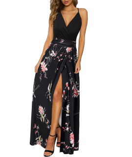 Newshows Womens Summer V Neck Spaghetti Strap Sleeveless Casual Split Wedding Guests Long Maxi Dress (Floral 26, Large)