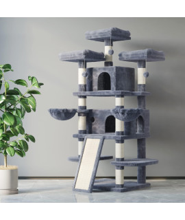 Sifurni Multi-Level Large Cat Tree for Large Cats/Big Cat Tower with Cat Condo/Cozy Plush Cat Perches/Sisal Scratching Posts and Hammocks/Cat Activity Center Play House/Smoky Grey 68 Inches