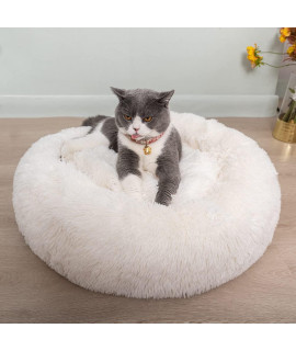 ALLNEO Detachable Original Calming Donut Cat and Dog Bed 32'' Luxury Shag Long Fur Cuddler Machine Washable&Self Warming Indoor Round Pet Pillow Bed for Small Pets (XL-32*32*7inch, White)