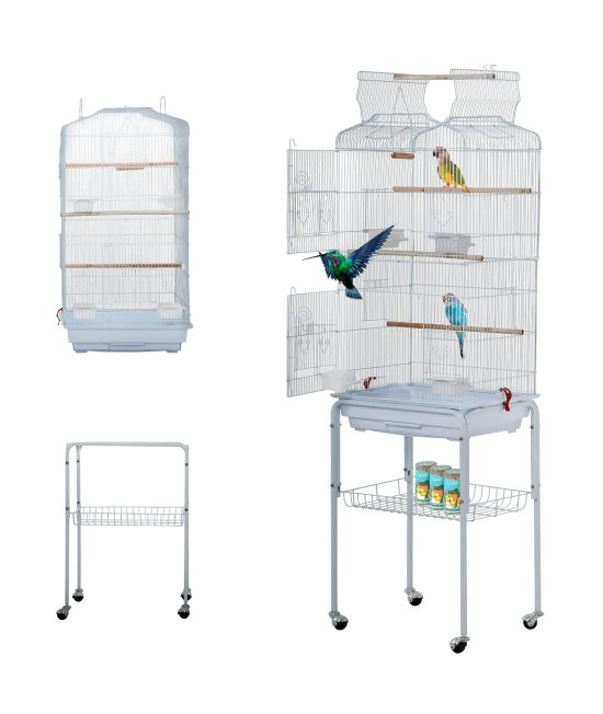 BestPet 64 inch Wrought Iron Bird cage for Parakeets Medium Small Parrots Parakeet cage with Detachable Rolling Stand Play Open Top for cockatiels Lovebird Finches canaries ,White