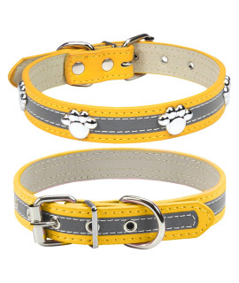 Petcare Reflective Dog Collar With Cute Paw Rivet Studded Funny Soft Pu Leather Adjustable Puppy Dog Collars For Small Medium Large Dogs Cats (Yellow,Large)