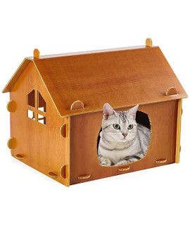 Corrugated Plastic Cat House with Scratching Pad, Waterproof Cute Pet Houses for Indoor Use, Suitable for Small Cat, Dog, Bunny, Easy to Assemble, Wood Color