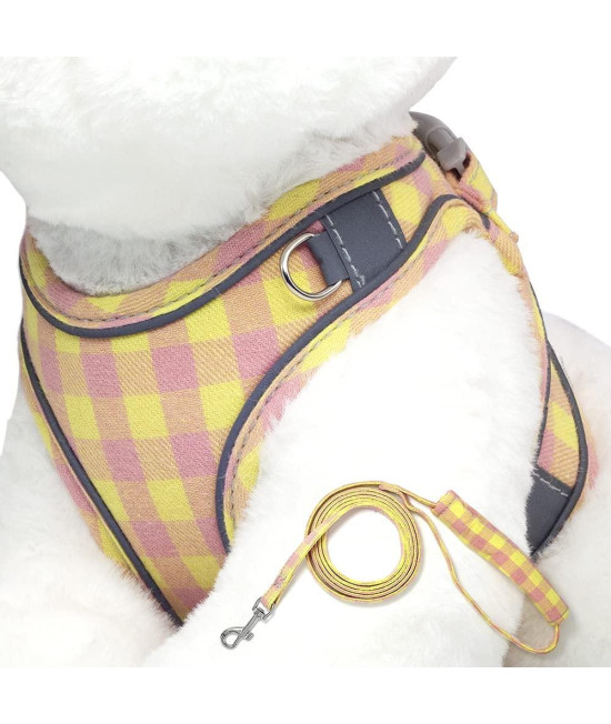 Charmsong Cute Dog Harness Reflective Basic Plaid Soft Chest Vest For Kitties Puppy Small Pets 150Cm Leash With Easy Control Handle Yellow Pink Plaid Xl