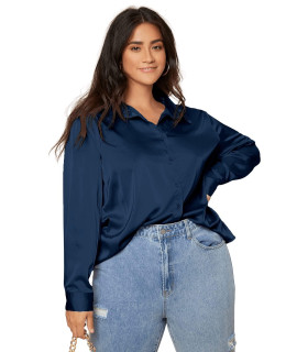 Soly Hux Womens Satin Silk Long Sleeve Button Down Shirt Formal Work Blouse Top Navy Blue Plus Size 0Xl