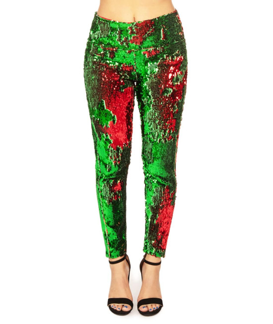Tipsy Elves Red and green Reversible High Waisted Sequin Leggings for Women Size X-Large