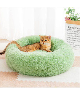 ALLNEO Detachable Original Calming Donut Cat and Dog Bed 24'' Luxury Shag Long Fur Cuddler Machine Washable&Self Warming Indoor Round Pet Pillow Bed for Small Pets (M-24*24*7inch, Light-Green)