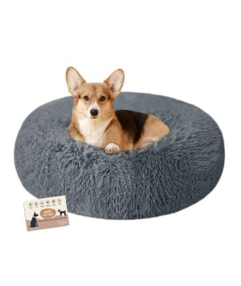 BLUSH PAWS Extra Calming Cozy Round Donut Pet Bed - Anti Anxiety for Cats & Dogs. Orthopedic, Self-Warming Shag or Lux Fur with Nonslip Bottom, Soft, Machine Washable (Medium 32", Graphite)