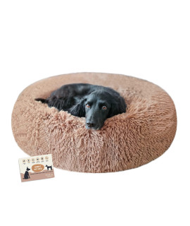 BLUSH PAWS Extra Calming Cozy Round Donut Pet Bed - Anti Anxiety for Cats & Dogs. Orthopedic, Self-Warming Shag or Lux Fur with Nonslip Bottom, Soft, Machine Washable (Medium 32", Taupe)