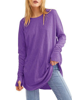 Fisoew Womens Casual Long Sleeve Tops Crew Neck Round Hem Loose T-Shirts Tunic Tops With Thumb Holes Purple