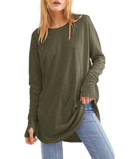 Fisoew Womens Casual Long Sleeve Tops Crew Neck Round Hem Loose T-Shirts Tunic Tops With Thumb Holes Army Green