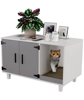 GDLF Modern Wood Pet Crate Cat Washroom Hidden Litter Box Enclosure Furniture House as Table Nightstand with Scratch Pad,Stackable (Gray & White)