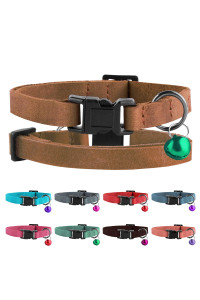 Murom Breakaway Cat Collar Leather Soft Adjustable Pet Kitten Collars with Bell Pink Brown Blue Green Red (Brown)