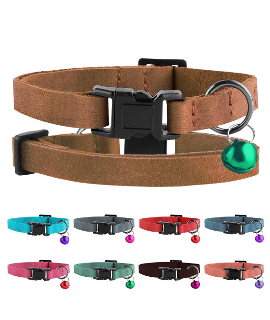 Murom Breakaway Cat Collar Leather Soft Adjustable Pet Kitten Collars with Bell Pink Brown Blue Green Red (Brown)