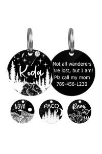 Myxgy Pet Id Tags, Customized Dog Name Tags, Personalized Cat Tags, Round Black Custom Stainless Steel Dog Tags, Engraved On Both Sides For Pets, White Laser Engraving Dog Collar Tag (Round)