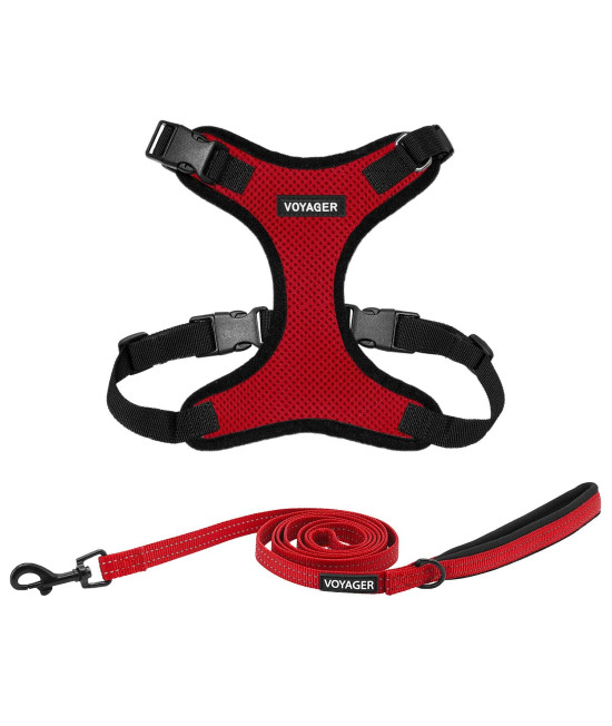 Voyager Step-in Lock Dog Harness w Reflective Dog Leash Combo Set with Neoprene Handle 5ft - Supports Small, Medium and Large Breed Puppies/Cats by Best Pet Supplies - Red/Black Trim, XS