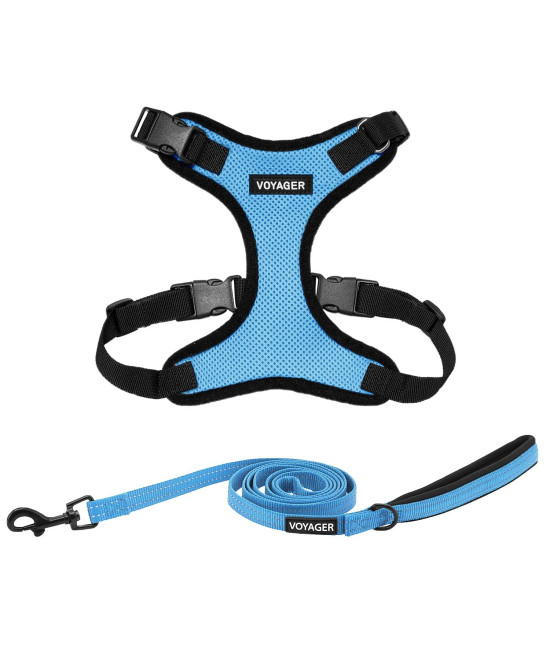 Voyager Step-in Lock Dog Harness w Reflective Dog Leash Combo Set with Neoprene Handle 5ft - Supports Small, Medium and Large Breed Puppies/Cats by Best Pet Supplies - Baby Blue/Black Trim, M