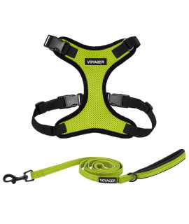 Voyager Step-in Lock Dog Harness w Reflective Dog Leash Combo Set with Neoprene Handle 5ft - Supports Small, Medium and Large Breed Puppies/Cats by Best Pet Supplies - Lime Green/Black Trim, S