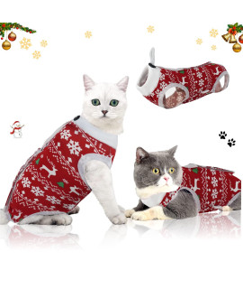 Ouuonno Cat Wound Surgery Recovery Suit For Abdominal Wounds Or Skin Diseases, After Surgery Wear, Pajama Suit, E-Collar Alternative For Cats (S, Christmas)