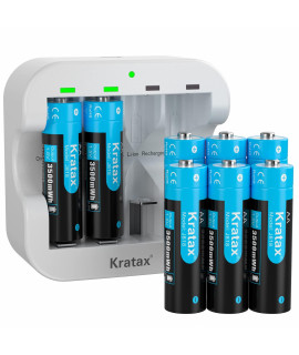 Kratax Rechargeable Aa Batteries 3500Mwh High Capacity Double A Li-Ion Battery 15V Constant Voltage Output, 1600 Cycles, For Xbox Controller, Toys, Remote Controls, Flashlight-8 Pack With Charger
