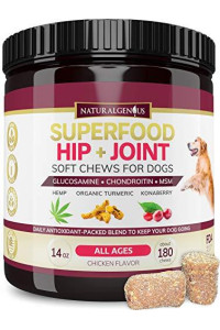 NATURALGENIUS Hip & Joint Pain Relief Treats, Superfood for Senior Dogs - Hemp, Glucosamine, Chondroitin, MSM, Organic Turmeric, Konaberry Supplement - Soft Chews, Large & Small Breeds (180 Count)