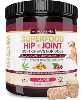 NATURALGENIUS Hip & Joint Pain Relief Treats, Superfood for Senior Dogs - Hemp, Glucosamine, Chondroitin, MSM, Organic Turmeric, Konaberry Supplement - Soft Chews, Large & Small Breeds (180 Count)