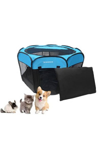 Tecageaon Portable Foldable Pet Playpen Exercise Pen Kennel Tent Carrying Case Indoor Outdoor Water-Resistant Removable Shade Cover For Puppies Kittens Cats Small Dogs (Blue)