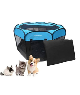 Tecageaon Portable Foldable Pet Playpen Exercise Pen Kennel Tent Carrying Case Indoor Outdoor Water-Resistant Removable Shade Cover For Puppies Kittens Cats Small Dogs (Blue)