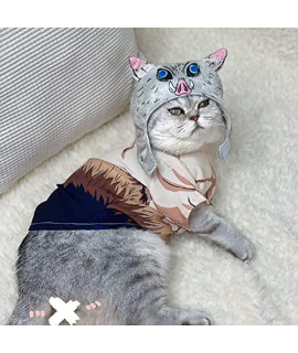 Oakremm Hashibira Inosuke Cat Cosplay Cat Hat Cosplay Pet Costume Small Dog Oufit for Christmas (Plus Velvet, M)