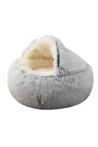 Kwewik Cat Bed Round Soft Plush Burrowing Cave Hooded Cat Bed Donut For Dogs Cats, Faux Fur Cuddler Round Comfortable Self Warming Pet Bed, Machine Washable, Waterproof Bottom, Small, Grey