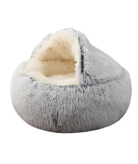 Kwewik Cat Bed Round Soft Plush Burrowing Cave Hooded Cat Bed Donut For Dogs Cats, Faux Fur Cuddler Round Comfortable Self Warming Pet Bed, Machine Washable, Waterproof Bottom, Small, Grey