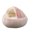 Kwewik Cat Bed Round Soft Plush Burrowing Cave Hooded Cat Bed Donut For Dogs Cats, Faux Fur Cuddler Round Comfortable Self Warming Pet Bed, Machine Washable, Waterproof Bottom, Small, Pink