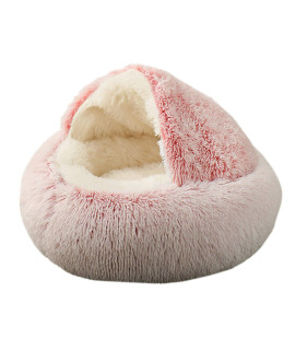 Kwewik Cat Bed Round Soft Plush Burrowing Cave Hooded Cat Bed Donut For Dogs Cats, Faux Fur Cuddler Round Comfortable Self Warming Pet Bed, Machine Washable, Waterproof Bottom, Small, Pink