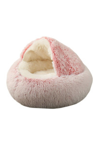 Kwewik Cat Bed Round Soft Plush Burrowing Cave Hooded Cat Bed Donut For Dogs Cats, Faux Fur Cuddler Round Comfortable Self Warming Pet Bed, Machine Washable, Waterproof Bottom, Medium, Pink
