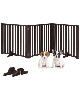 OUSHENG Freestanding Wooden Dog Gate for Indoors, 3 Panel 24" Tall Folding Pet Barrier with 2 Support Feet, Expands Up to 71" Wide Step Over Divider for Small Doggie, Dark Brown