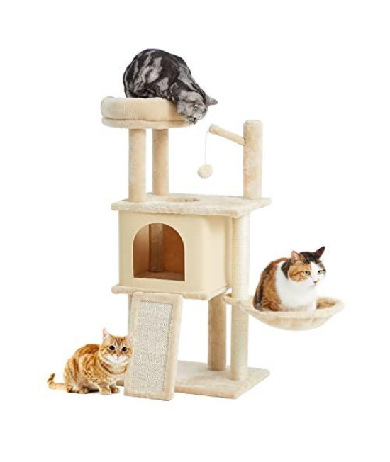 TSCOMON 36.6" Modern Cat Tree for Indoor Cats, Multi-Level Cat Tower with Scratching Posts, Cat House for Kittens, Cat Tower for Indoor Cats with Hanging Ball and Hammock Basket, Beige
