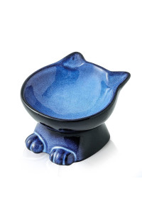 Nihow Slanted Elevated Cat Bowls: 5 Inch Ceramic Raised Cat Food Bowl for Protecting Pet's Spine - Microwave & Dishwasher Safe -Elegant Blue & Black (4.5 OZ /1 PC)