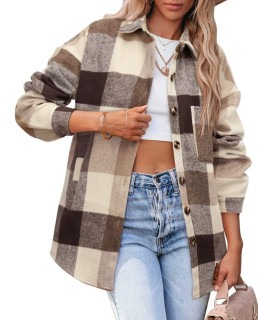 Womens Casual Plaid Brushed Flannel Button Down Pocketed Shirt Jacket Shackets Coats 6023 Kahki Small