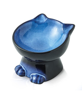 Nihow Slanted Elevated Cat Bowls: 6.25 Inch Ceramic Raised Cat Food Bowl for Protecting Pet's Spine - Microwave & Dishwasher Safe -Elegant Blue & Black (6.8 OZ /1 PC)
