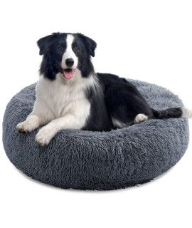 Calming Dog Bed for Large Dogs, Anti Anxiety Dog Bed, Round Dog Bed, Plush Faux Fur Dog Bed, Fluffy Dog Bed, Soft Cozy Pet Bed, Machine Washable, 30x30inch Darkgrey