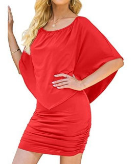 Yincro Women Off The Shoulder Ruffle Bodycon Club Party Mini Dress (Red, 3X-Large)