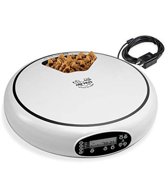 Arf Pets Automatic Pet Feeder, 5 Meal Food Dispenser for Dogs, Cats & Small Animals w/Programmable Timer, Dishwasher-Safe Tray Feeds Wet or Dry Food - (Serves 4 Meals Per Day) Adopter Included