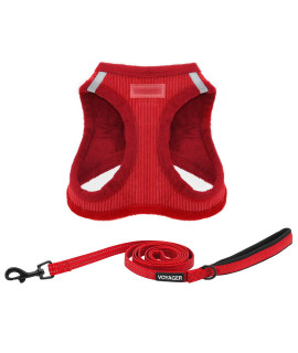Voyager Step-In Plush Dog Harness Soft Plush, Step In Vest Harness For Small And Medium Dogs By Best Pet Supplies - Red Corduroy (Leash Bundle), L (Chest: 18-20.5)