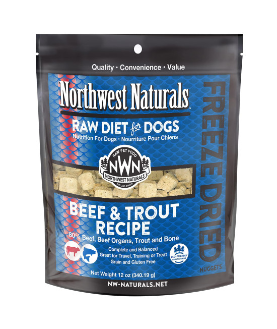 Northwest Naturals Freeze Dried Raw Diet for Dogs Freeze Dried Nuggets Dog Food - Beef Trout - Grain-Free, Gluten-Free Pet Food, Dog Training Treats - 12 Oz